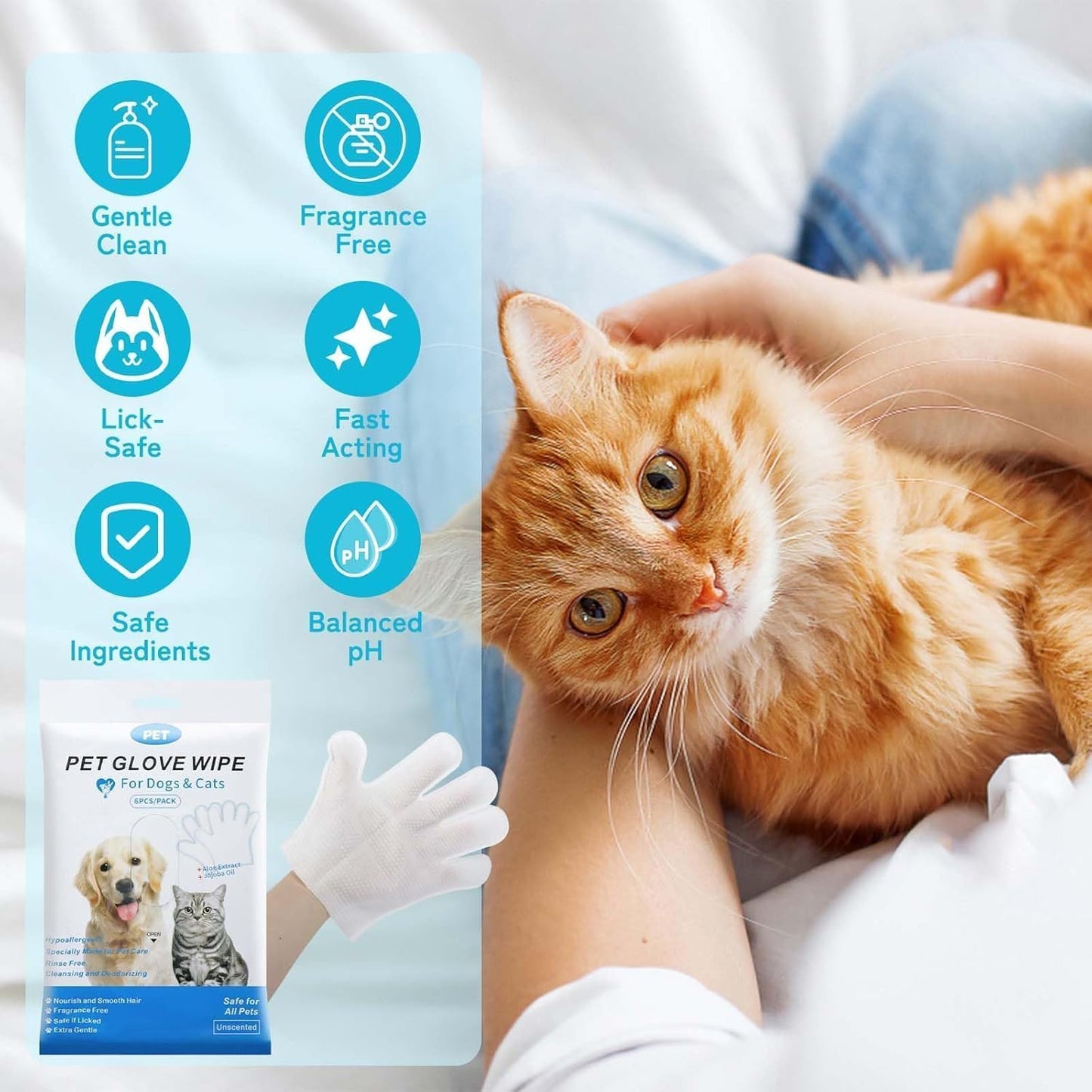 SKY-TOUCH 12Pcs Extra Thick Pet Washing Glove Wipe, Rinse-Free Cleaning & Deodorizing Bathing Mitts, Hypoallergenic Grooming Gloves, Moisturizing & Odor Control for Cat & Dog Daily Care and Travel