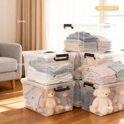 SKY-TOUCH 1 PCS Clear Plastic Storage Box with Lockable Lid & Wheels,Plastic Organizer Bin with Handles,for Storing Clothes, Toys, Tools