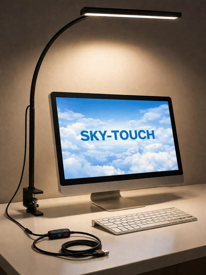 SKY-TOUCH LED Desk Lamp with Clamp, Clip on Light for Office Desk, Eye-Caring Task Lamp with 5 Colour Temperatures and 5 Brightness Levels, for Study, Craft, Bedside, Black - USB Connector