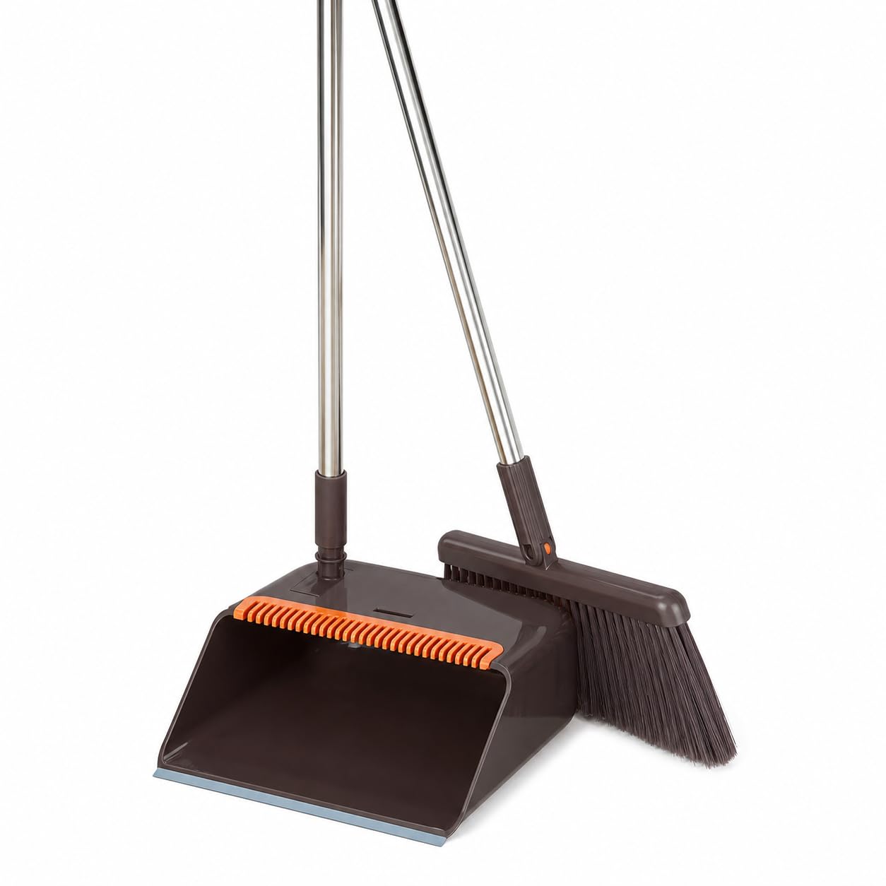 SKY-TOUCH Coffee Brown Broom and Dustpan Set with Long Handle, Upright Standing Dustpan with Built-in Comb Teeth, Indoor Sweeping Cleaning Set for Kitchen, Home, Office and Pet Hair