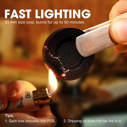 SKY-TOUCH 100pcs Quick-Igniting Charcoal Discs (33mm) – Odorless, Smokeless, Long-Burning; Suitable for BBQ and Incense – Black