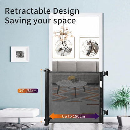 SKY-TOUCH Retractable Baby Safety Gate (180 x 86 cm Mesh Pet Gate) – Drill-Mount Installation, Adjustable Width Suitable for Stairs, Doorways, and Hallways, Black