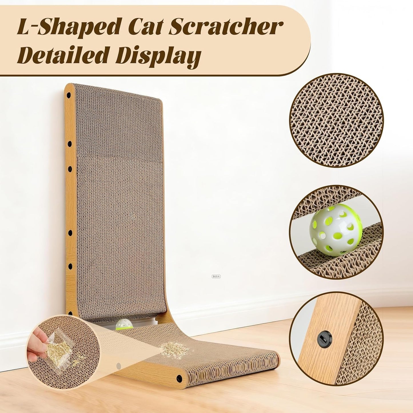 SKY-TOUCH L Shape Cat Scratcher, Large 26.8'' Vertical Cat Scratchers with Ball Toy, Cardboard Scratch Pad for Indoor Cats, Wall and Couch