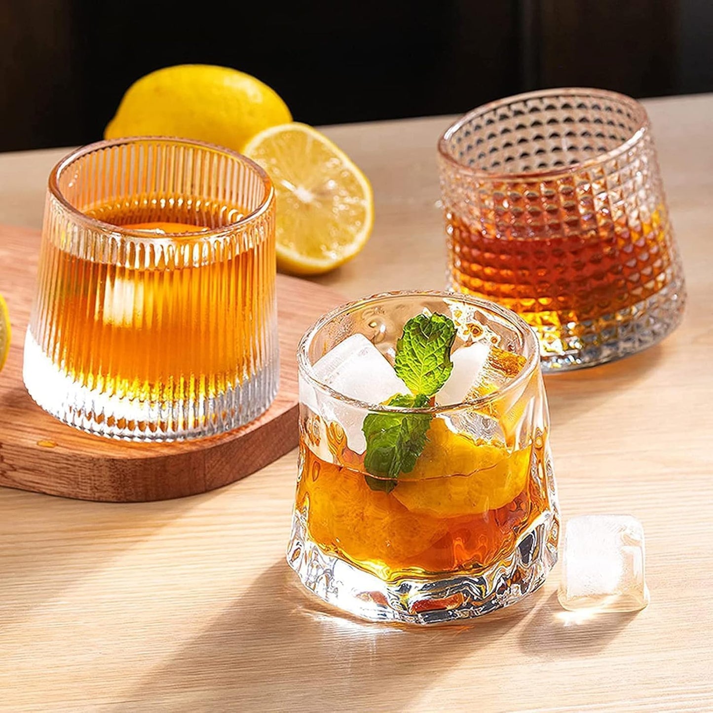 SKY-TOUCH 3 PCS Spinning Glass Tumblers With Base, Bar Glass, Old Fashioned Glasses Clear Cups Glass Water Cups Glass Set, 200 ML