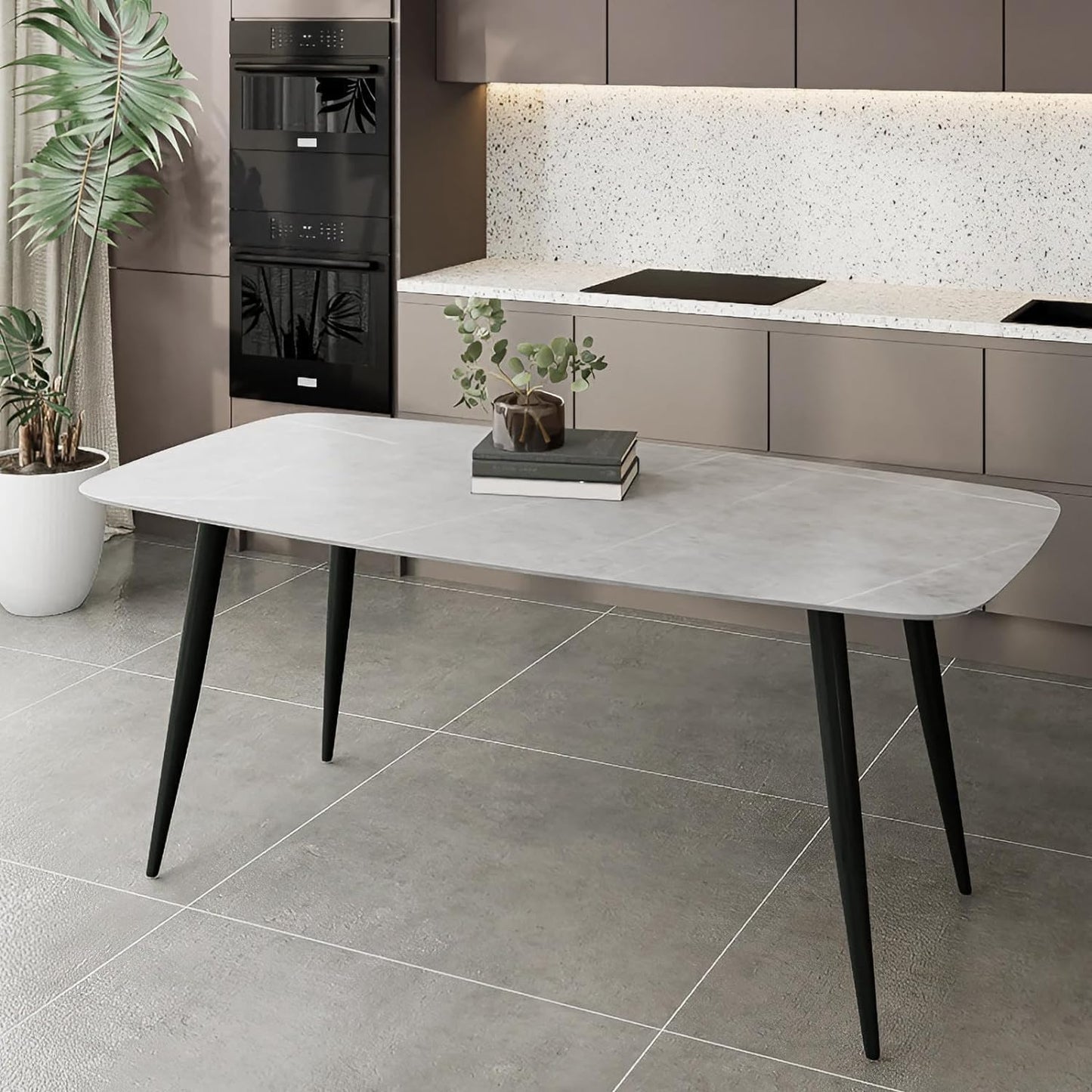 SKY-TOUCH New upgrade Modern Kitchen Dining Table,Rock Board Desktop Dining Table 140×80×75cm,Wooden Board Stably Connect to Desktop,Black Iron Table Legs - Installation Instructions Inside
