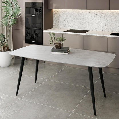 SKY-TOUCH New upgrade Modern Kitchen Dining Table,Rock Board Desktop Dining Table 140×80×75cm,Wooden Board Stably Connect to Desktop,Black Iron Table Legs - Installation Instructions Inside