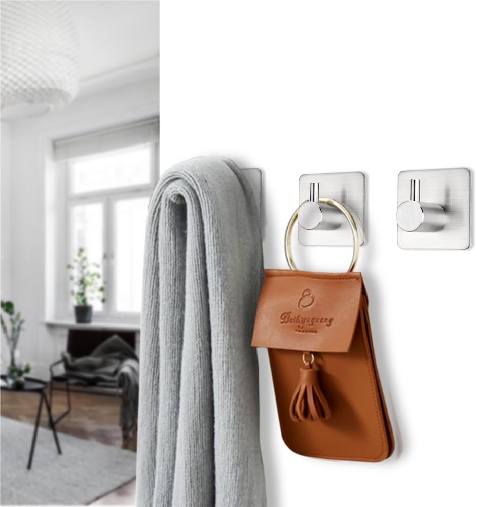 SKY-TOUCH Adhesive Towel Hooks 4pcs, Heavy Duty Wall Stainless Steel Hooks for Hanging Coat Clothes Towels Hat Bags for Home Entryway Bathroom Kitchen