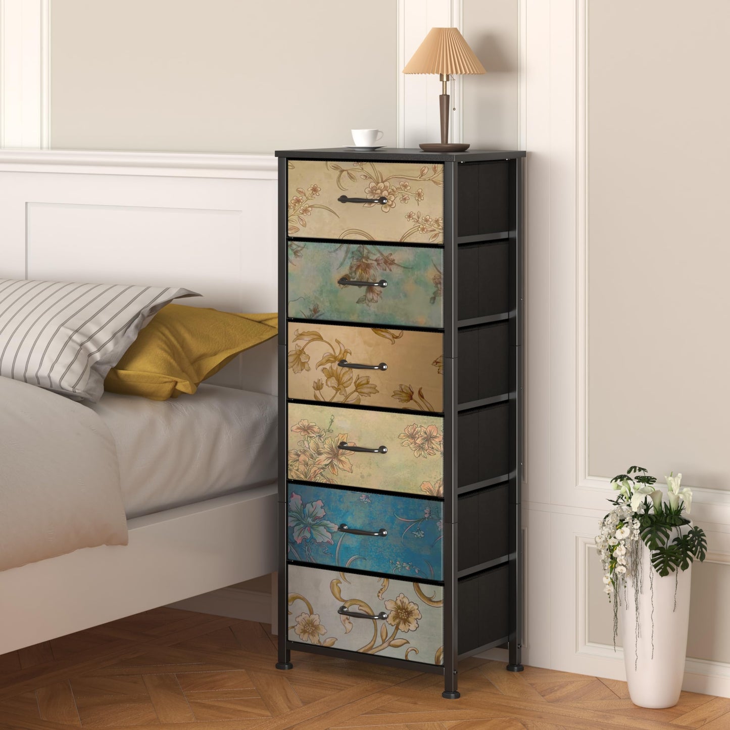 SKY-TOUCH 6 Layer Storage Tower with 6 Fabric Chest Dresser,Tall Dresser & Chests of Drawers and NightStand,for Bedroom,Nursery Living Room Entryway Hallway, Charcoal Black,48.5 * 28.5 * 104cm