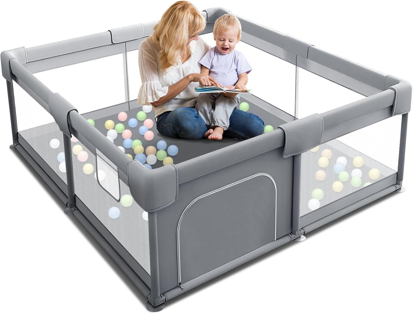 SKY-TOUCH Baby Playpen, Extra Large Playpen for Babies, Kids Safe Play Center for Babies with Breathable Mesh and Zipper Door，and Toddlers Gives Mommy a Break