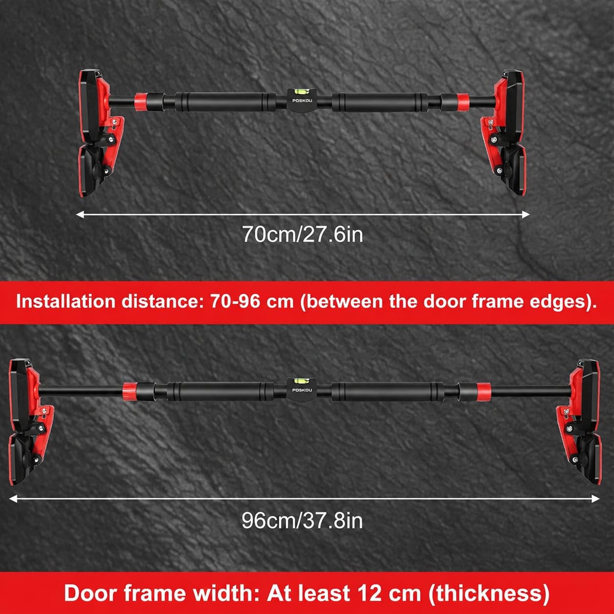 SKY-TOUCH Pull Up Bar for Doorway, Adjustable 70-96cm Chin Up Bar with Dual Support Design and Dual Bubble Levels, No Drill Installation Strength Training Bar for Home Gym Fitness Exercise
