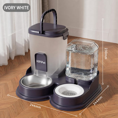 SKY-TOUCH Automatic Cat Food and Water Dispenser, 2L Pet Feeder with 1.2L Water Tank, Anti-Tip Gravity Feeding Station with Stainless Steel Bowl for Cats and Small Dogs, Ivory White