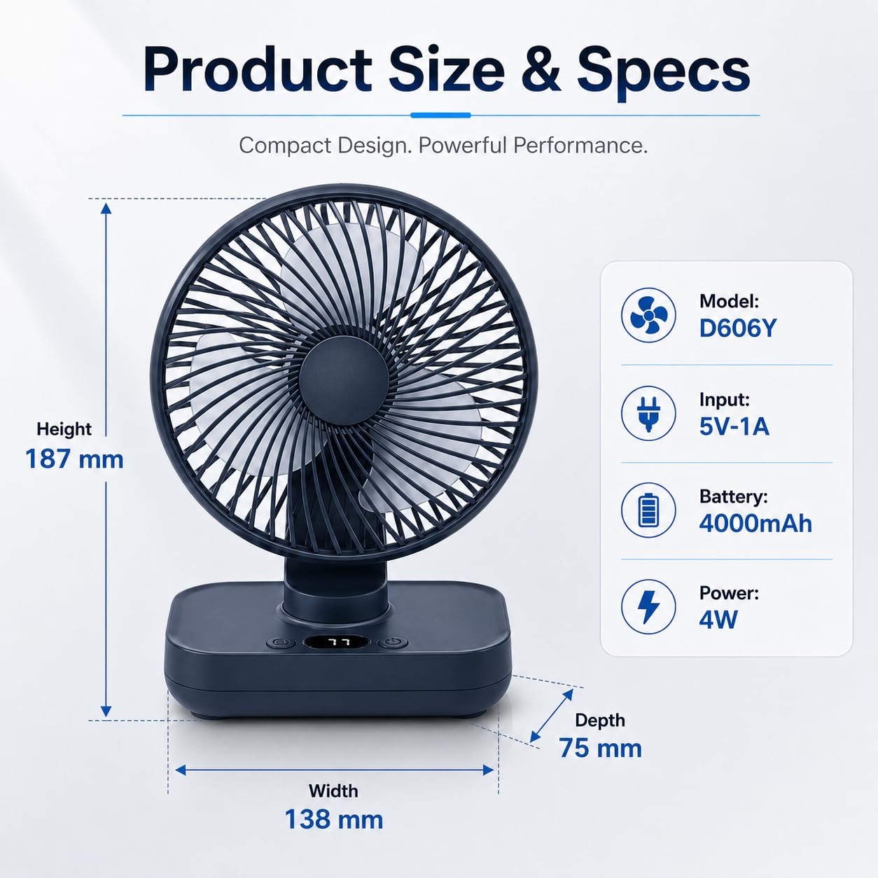SKY-TOUCH Portable Desk Fan, Table Fan with Long Runtime, 4 Speed Quiet Personal Cooling Fan with Auto Oscillation & Adjustable Angle, USB Charging Fan for Bedroom Office Camping, 138×75×187mm, Blue