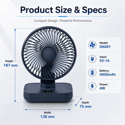 SKY-TOUCH Portable Desk Fan, Table Fan with Long Runtime, 4 Speed Quiet Personal Cooling Fan with Auto Oscillation & Adjustable Angle, USB Charging Fan for Bedroom Office Camping, 138×75×187mm, Blue