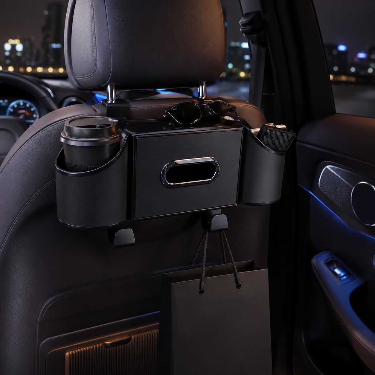 SKY-TOUCH Multifunctional Car Rear Seat Organizer with Hooks, Cup Holder, and Tissue Box/Phone Tray – Essential Travel Accessory Black