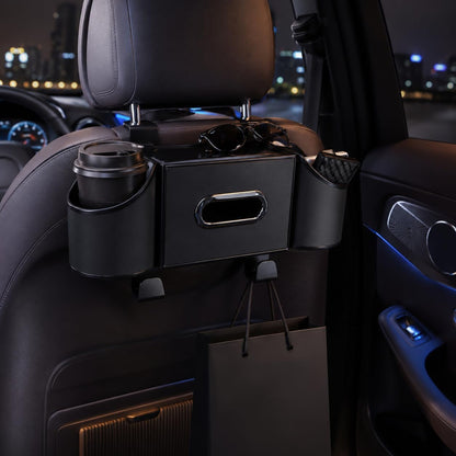 SKY-TOUCH Multifunctional Car Rear Seat Organizer with Hooks, Cup Holder, and Tissue Box/Phone Tray – Essential Travel Accessory Black