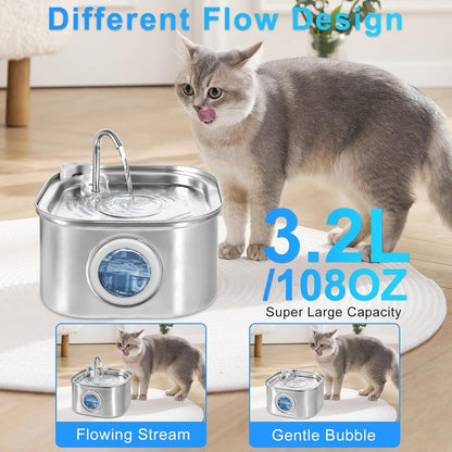 SKY-TOUCH Cat Water Fountain, 3.2L/108oz Stainless Steel Pet Fountain with Super Quiet Pump, Indoor Automatic Water Dispenser for Cats, Dogs & Multiple Pets