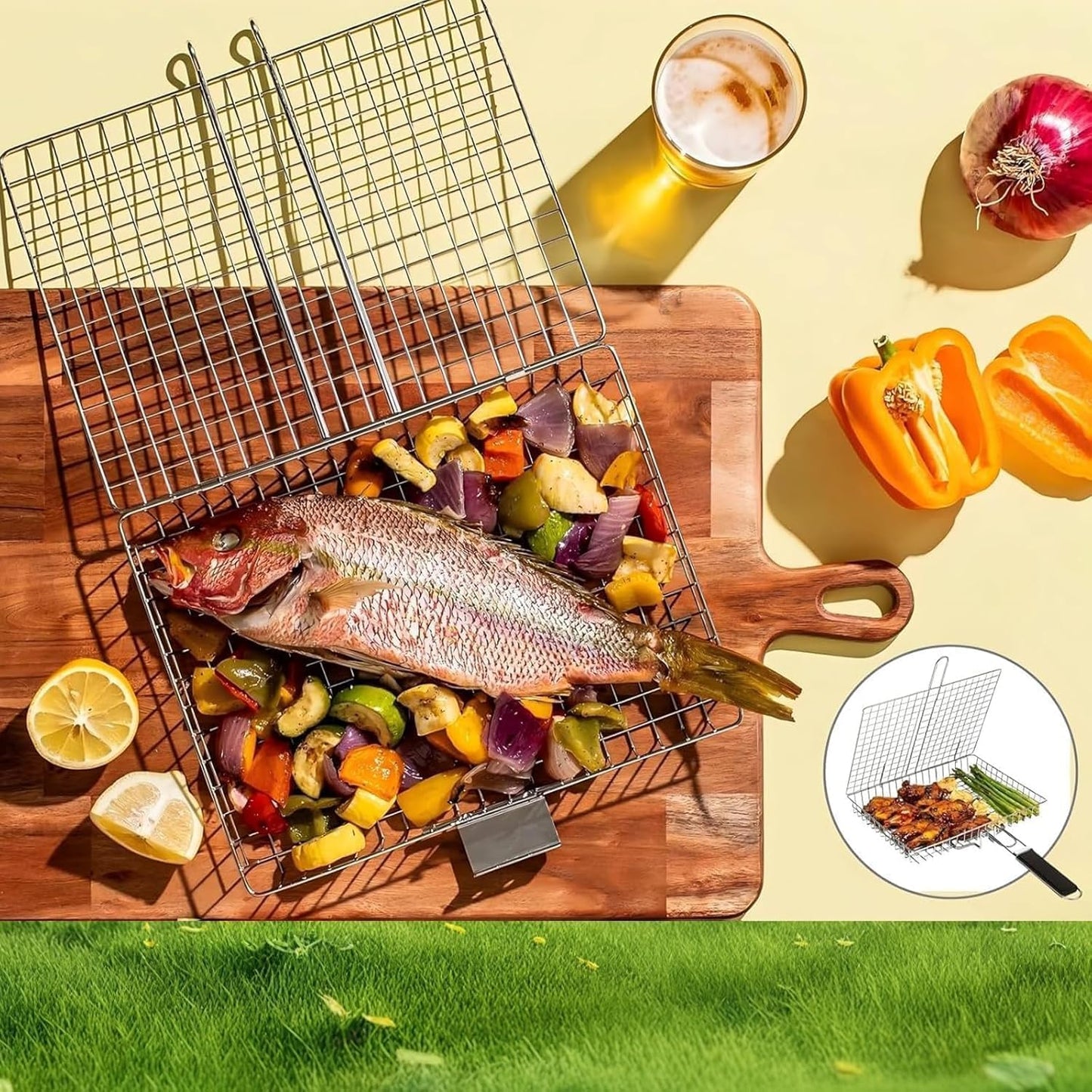 SKY-TOUCH Outdoor Barbecue Basket, Multi-Functional BBQ Grill, With Detachable Portable Handle, Suitable for Grilling Vegetables, Shrimp, Fish, And Steak 46.5cm * 32cm * 4cm