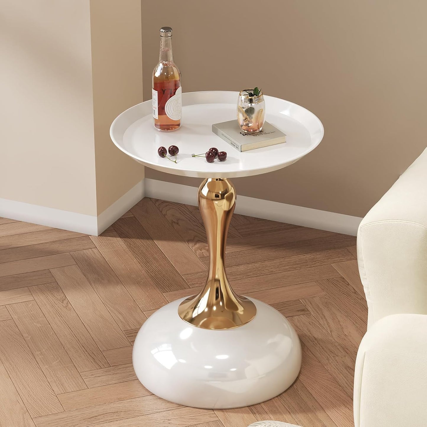 SKY-TOUCH Round Side Table, Slim-waisted Sofa Side Table, Modern Minimalist Style, Electroplated Metal Frame, Suitable For Small Spaces, Living Rooms, And Bedrooms, 39 * 39 * 55cm Black