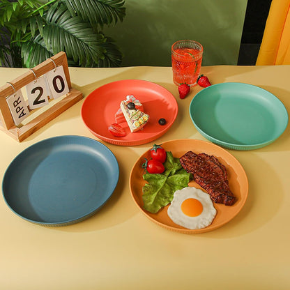 SKY-TOUCH 4 Pack Wheat Straw Plates, Reusable Unbreakable Plates with 3D Textured Stripe Design, BPA-Free Dishwasher Safe Dinner Plates for Salad Dessert Snacks Kitchen Dining