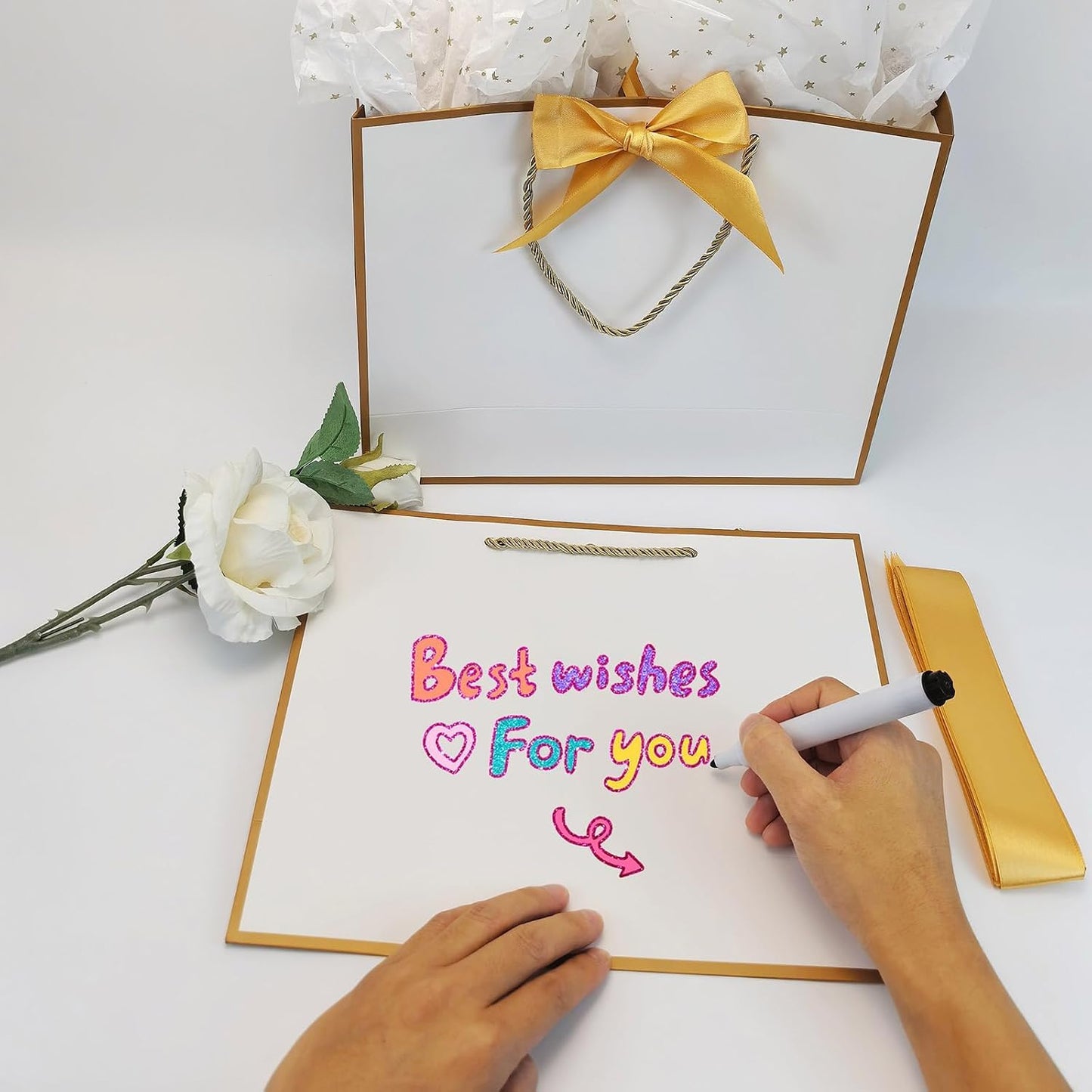 SKY-TOUCH 6-Piece White Gift Bag Set with Gold Trim – Includes 6 Gold Ribbons, 6 Greeting Cards, and 12 Matching White Tissue Sheets (28 × 10 × 20 cm)