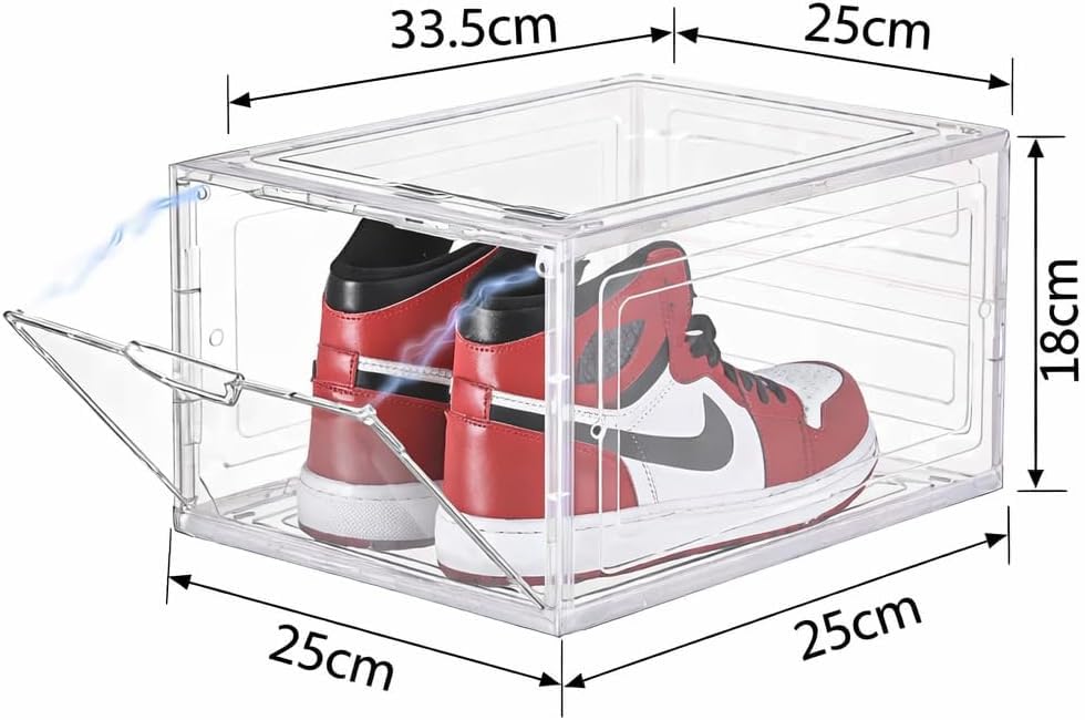 SKY-TOUCH Shoe Storage Box, 6 Pcs Shoe Box Clear Plastic Stackable, Sturdy Foldable Shoe Organizer Containers with Magnetic Door for Women/Men, White, 33.5x25x18cm