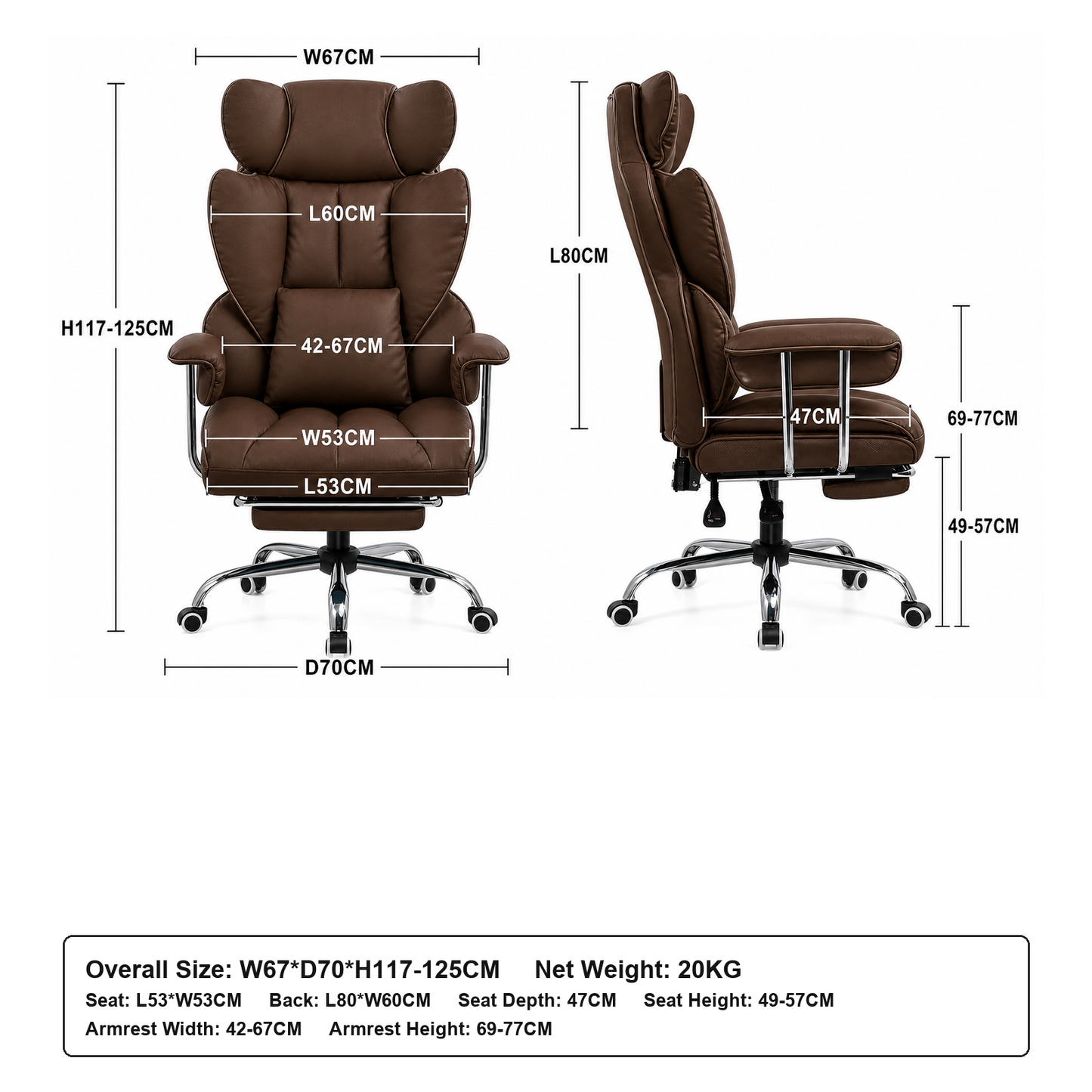 SKY-TOUCH Executive Office Chair with Lumbar Support & Leg Rest, Adjustable Height Leather Computer Chairs, Wide Seat Desk Chair for Home Office Work, Comfy, Recliner, Coffee - 67x70x125cm
