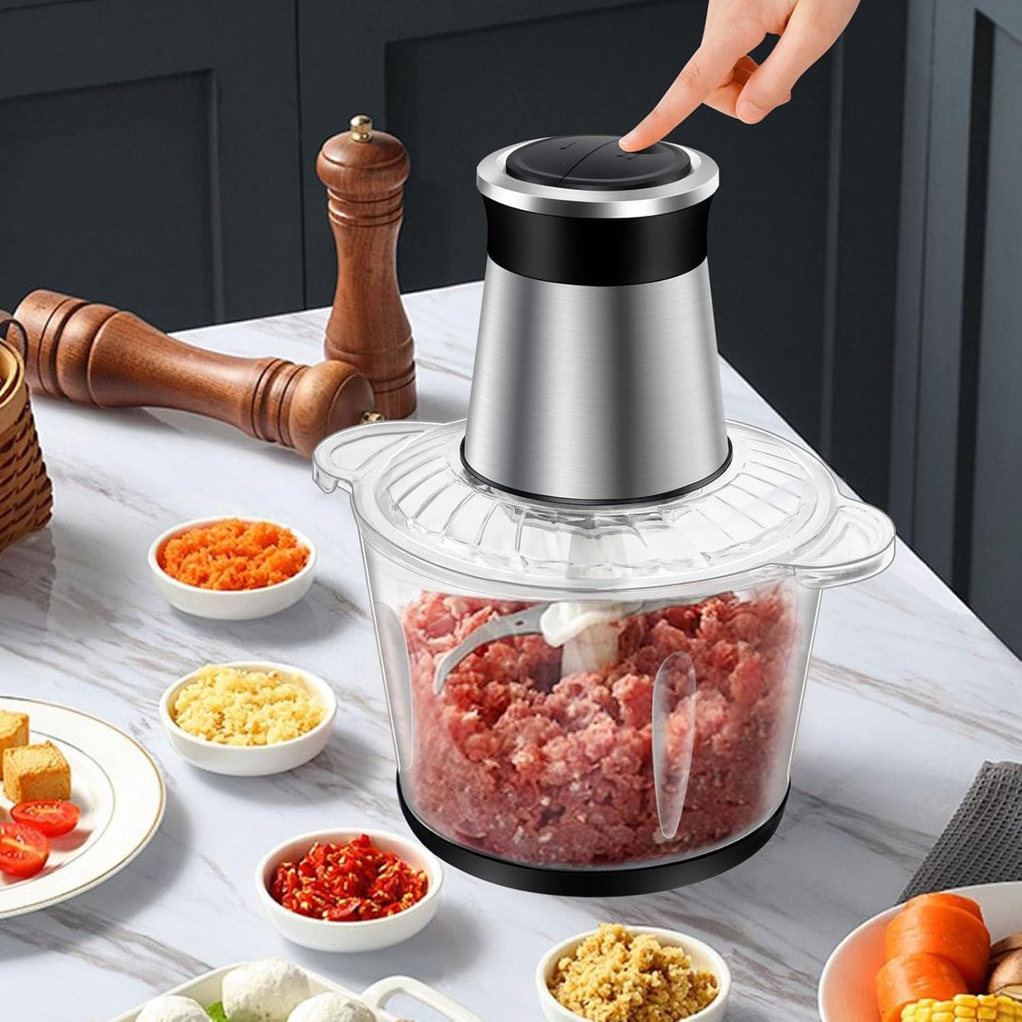 SKY-TOUCH Multi Chopper & Mincer,500W Food Grinder Chopper,2 Speed,6 Detachable SS Blades,for Chopping, Ice Crushing, Meat Mincing, Grinding, Pureeing,Anti Slip Ring,3L Working Capacity