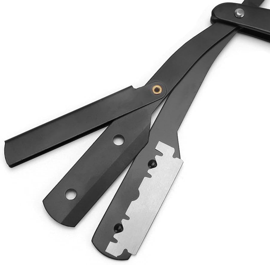 SKY-TOUCH Men's Straight Razor Set, Professional Straight Razor, 10 Replaceable Stainless Steel Blades, Includes Leather Case, Professional Barber Razor, Close Shave, 100% Stainless Steel, Black