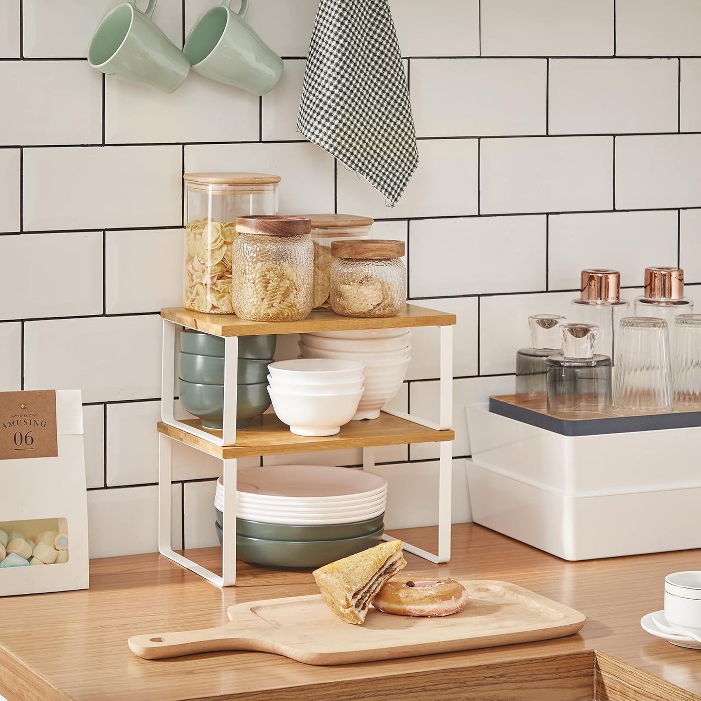 SKY-TOUCH Stackable Kitchen Organizer Shelf, Set of 2 Counter Shelves, Spice Rack, Metal & Engineered Wood, White, Storage Solution for Pantry & Countertop
