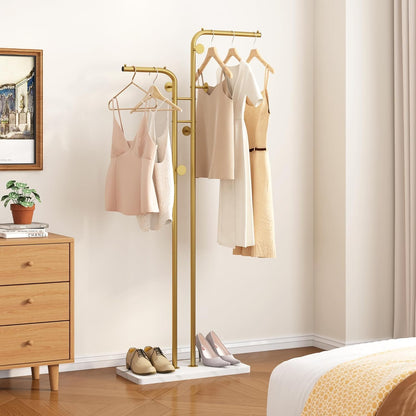SKY-TOUCH Metal Coat Rack, Modern Double-Pole Clothes Hanger Stand with 5 Hooks, Freestanding Coat Tree with Stable Base for Entryway, Closet, Bedroom, Living Room, Gold