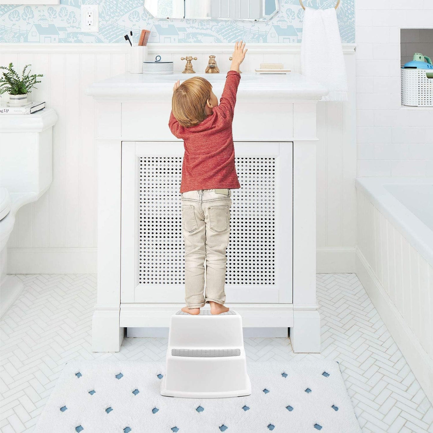 SKY-TOUCH Toddler Step Stool for Bathroom Sink and Toilet Potty Training, Non-Slip Plastic Double up Stepping for Baby Kids, Grey White 30.9x33.5x22.9cm