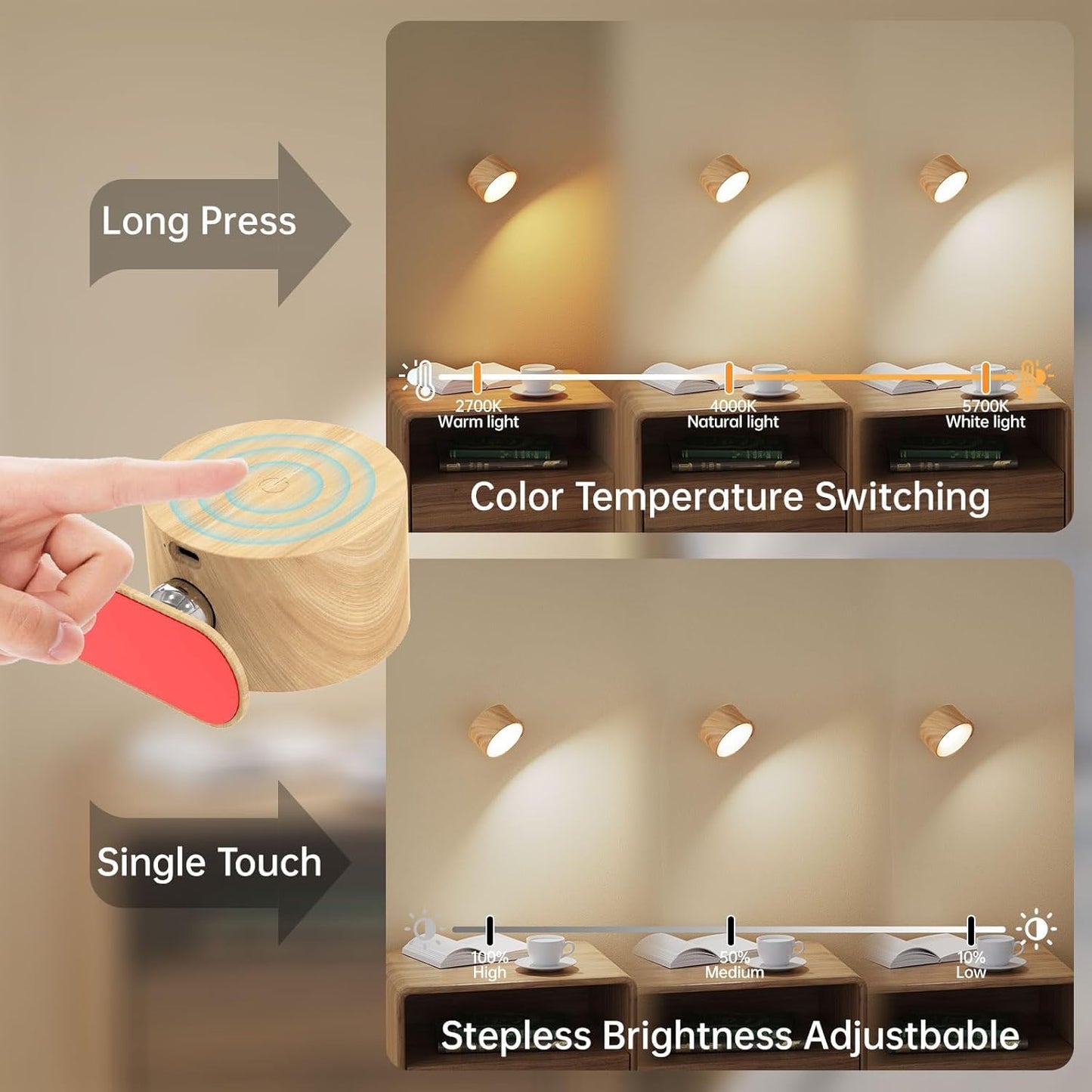 SKY-TOUCH LED Wall Mounted Light, Rechargeable Magnetic 360° Rotation Night Light, Battery Operated Wall Sconce with 3 Color Temperatures & Dimmable, Perfect for Bedroom Bedside