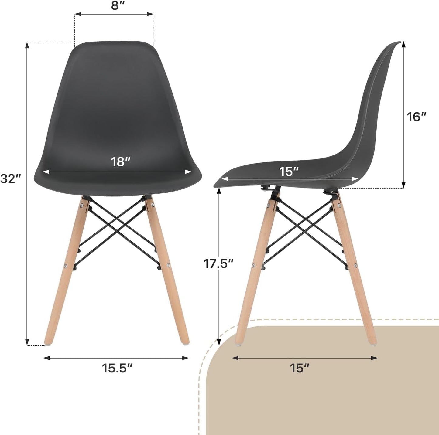 SKY-TOUCH Modern Dining Chair Dining Side Chairs set of 1, Simple Office Chair, Lounge Shell Chair with Folding Wood Legs and Plastic Seat, for Kitchen, Dining, Bedroom, Living Room,Black,40*40*82cm