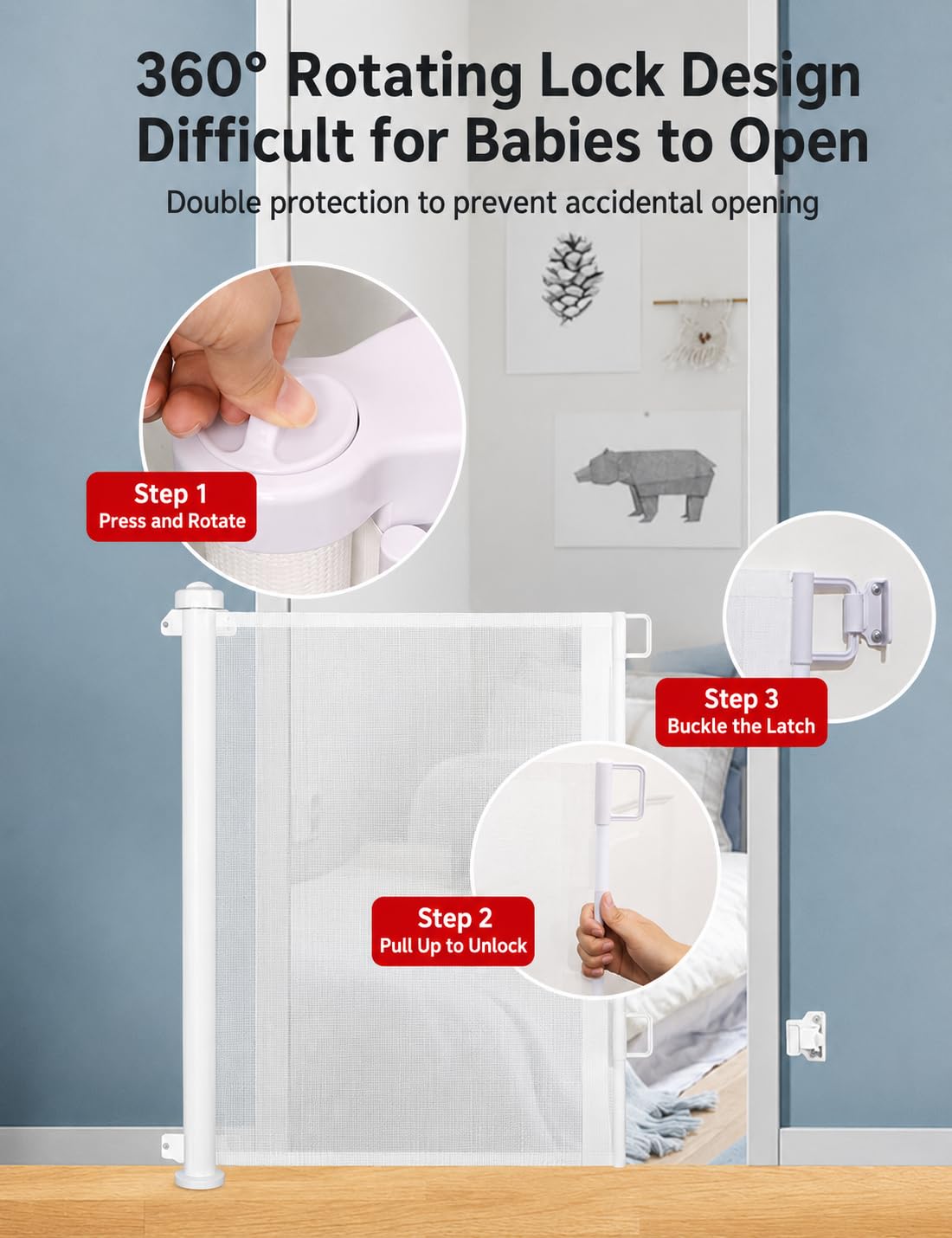 SKY-TOUCH Retractable Baby Safety Gate (180 x 86 cm Mesh Pet Gate) – Drill-Mount Installation, Adjustable Width Suitable for Stairs, Doorways, and Hallways, Black