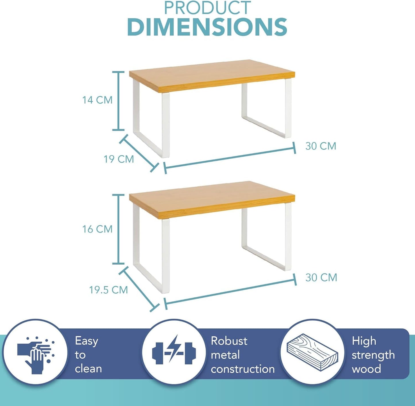 SKY-TOUCH Stackable Kitchen Organizer Shelf, Set of 2 Counter Shelves, Spice Rack, Metal & Engineered Wood, White, Storage Solution for Pantry & Countertop