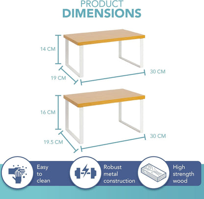 SKY-TOUCH Stackable Kitchen Organizer Shelf, Set of 2 Counter Shelves, Spice Rack, Metal & Engineered Wood, White, Storage Solution for Pantry & Countertop
