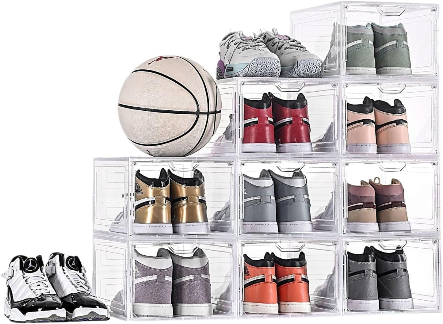SKY-TOUCH Shoe Storage Box, 6 Pcs Shoe Box Clear Plastic Stackable, Sturdy Foldable Shoe Organizer Containers with Magnetic Door for Women/Men, White, 33.5x25x18cm