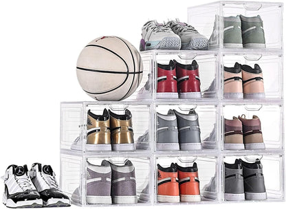 SKY-TOUCH Shoe Storage Box, 6 Pcs Shoe Box Clear Plastic Stackable, Sturdy Foldable Shoe Organizer Containers with Magnetic Door for Women/Men, White, 33.5x25x18cm