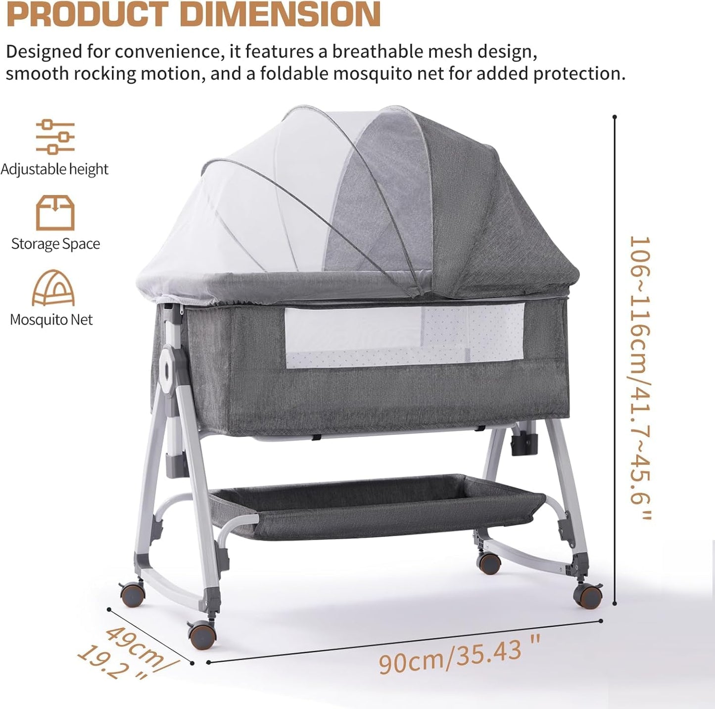 SKY-TOUCH Baby Bedside Crib Adjustable, Baby Cradle With Large Storage Basket, Travel Crib with Mattress Breathable Net,Mosquito Net Detachable, Soft Mattress 360°Swivel Wheels, for Infants Newborn