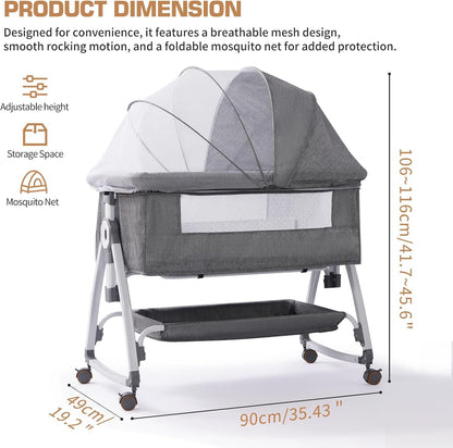 SKY-TOUCH Baby Bedside Crib Adjustable, Baby Cradle With Large Storage Basket, Travel Crib with Mattress Breathable Net,Mosquito Net Detachable, Soft Mattress 360°Swivel Wheels, for Infants Newborn