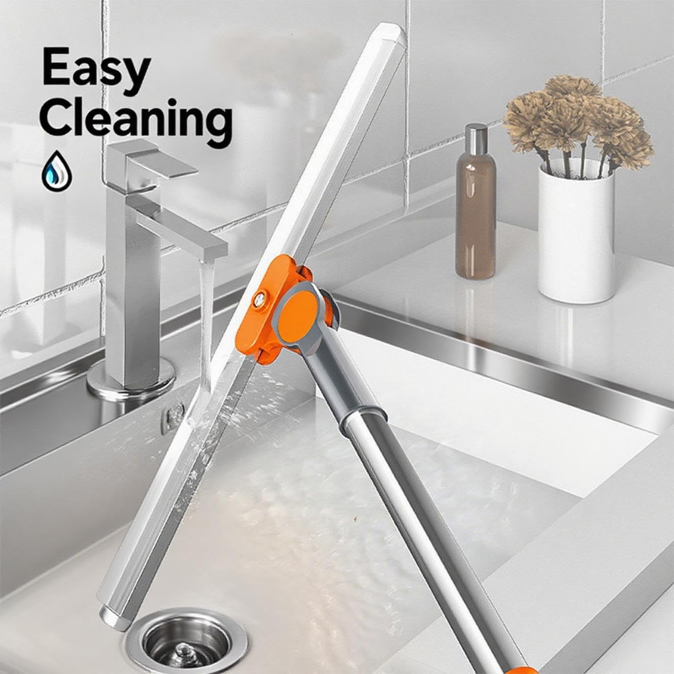 SKY-TOUCH Multi-Purpose Silicone Floor Squeegee，38cm Dual-Head with 110cm Extendable Stainless Steel Handle, Orange, for Bathroom, Kitchen, Windows, and Smooth Floors Include 1 Wall Hook