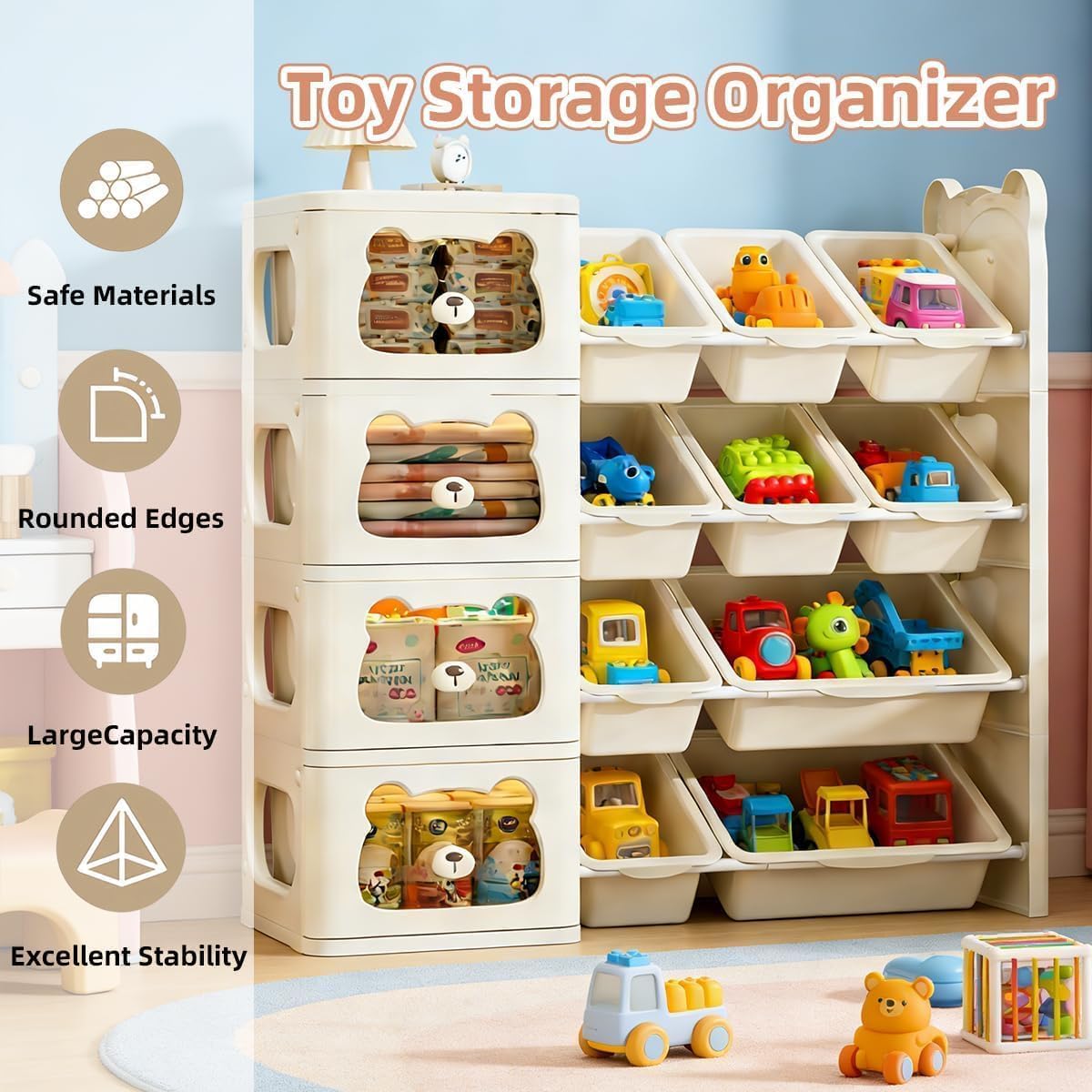 SKY-TOUCH Four-tier Toy Storage Rack, Children's toy Storage Rack And Bookshelf, Multi-functional Shelf With Drawers, Suitable for Toys And Books