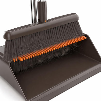SKY-TOUCH Coffee Brown Broom and Dustpan Set with Long Handle, Upright Standing Dustpan with Built-in Comb Teeth, Indoor Sweeping Cleaning Set for Kitchen, Home, Office and Pet Hair