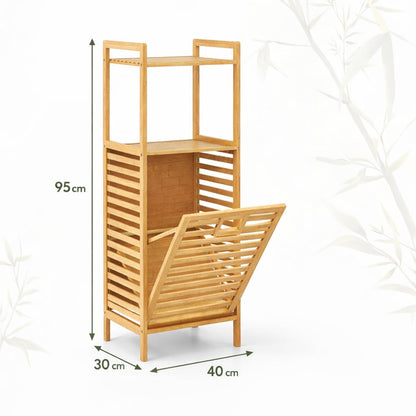 SKY-TOUCH Bamboo Laundry Hamper, Three-tier Open Shelving, Tiltable Design, with Removable Inner Bag, Independent Storage Rack, Suitable for Bathroom, Living Room, and Bedroom