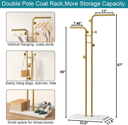 SKY-TOUCH Metal Coat Rack, Modern Double-Pole Clothes Hanger Stand with 5 Hooks, Freestanding Coat Tree with Stable Base for Entryway, Closet, Bedroom, Living Room, Gold