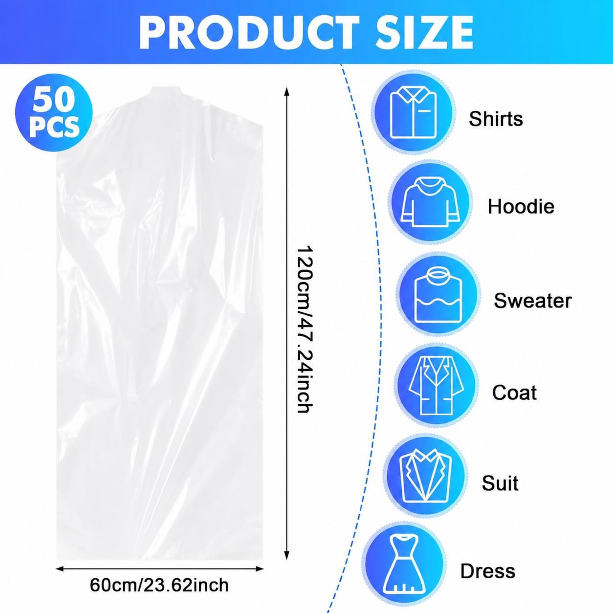 SKY-TOUCH 50 Pack Plastic Garment Bags, Clear Dustproof Clothes Covers for Suits, Dresses, Jackets, and Shirts – Heavy Duty,Waterproof, and Tear-Resistant, 60 x 120 cm