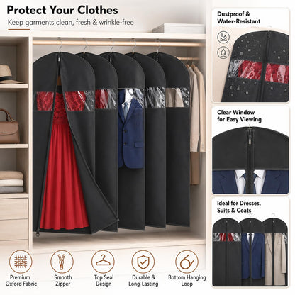 SKY-TOUCH 6 Pack Dress Garment Bags for Hanging Clothes, PEVA Coat & Gown Covers, Dustproof, Waterproof, with Clear PVC Windows, Black, 60-Inch, Home & Travel Clothing Protector
