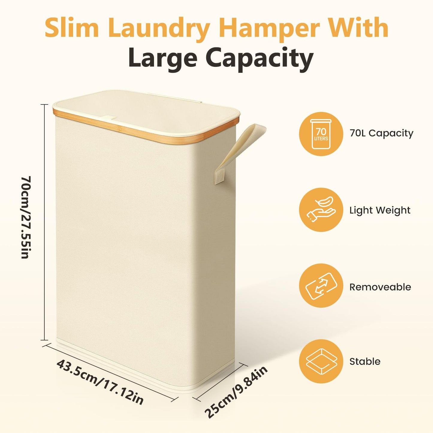 SKY-TOUCH 65L Slim Laundry Basket with Lid, Beige Foldable Laundry Hamper with Removable Inner Bag, Narrow Clothes Basket for Bedroom, Bathroom, Laundry Room & Dorm, 41x22x72cm, Beige