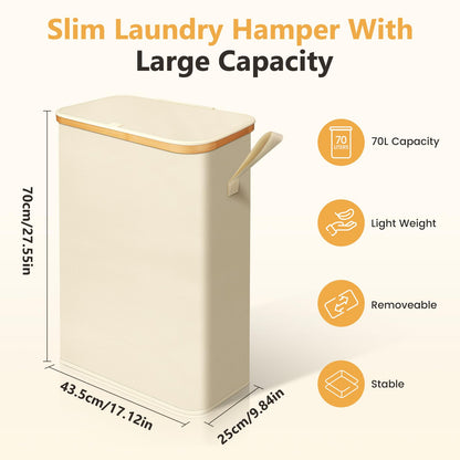 SKY-TOUCH 65L Slim Laundry Basket with Lid, Beige Foldable Laundry Hamper with Removable Inner Bag, Narrow Clothes Basket for Bedroom, Bathroom, Laundry Room & Dorm, 41x22x72cm, Beige