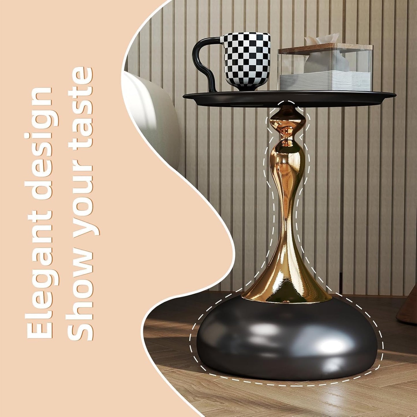 SKY-TOUCH Round Side Table, Slim-waisted Sofa Side Table, Modern Minimalist Style, Electroplated Metal Frame, Suitable For Small Spaces, Living Rooms, And Bedrooms, 39 * 39 * 55cm Black